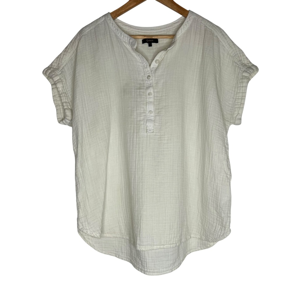 Quince 100% Organic Cotton Gauze Roll Sleeve Shirt in White Cream L Minimalist - Picture 2 of 10